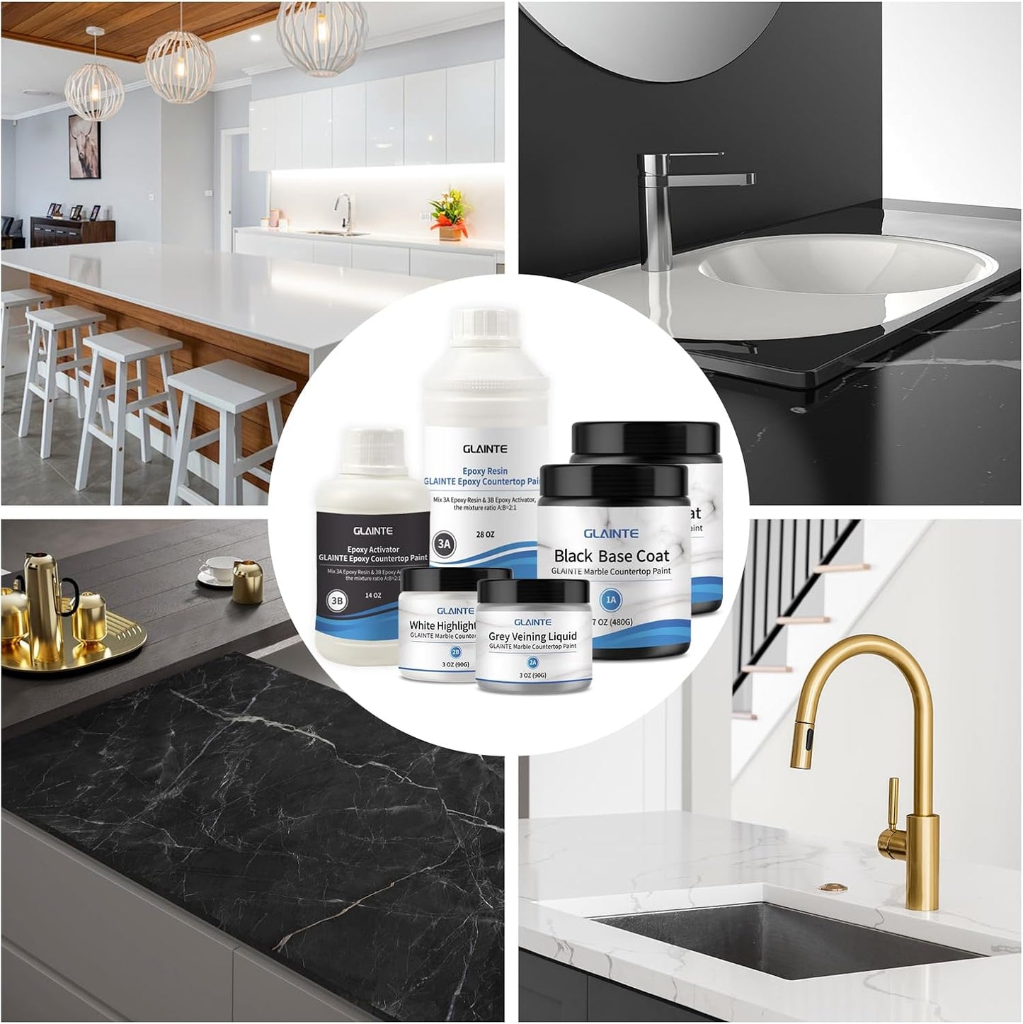 GLAINTE Black Marble Countertop Paint Kit Epoxy Countertop Refinishing Paint Kit, Kitchen Bathroom Coating For Marble, Granite, Formica, Laminate Cover 38 Sq.Ft