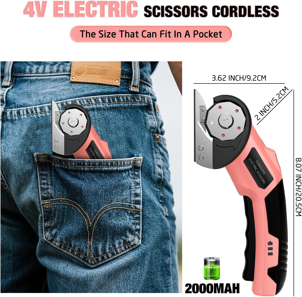 Cordless Electric Scissors: 4V Rechargeable Cardboard Cutter, 3 Blades, Safety Lock & LED Light, Box Cutter for Carton Carpet Plastic Fabric Leather (Pink)