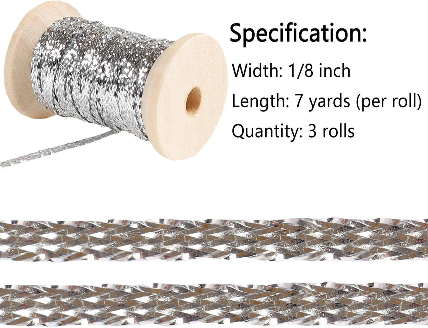 Silver Thin Ribbon 1/8 inchMetallic Braided Double Faced Ribbons Curling Ribbons for Balloon String Crafts Gift Wrapping Party Wedding Christmas Ornaments Decoration 7 Yard x 3 Rolls