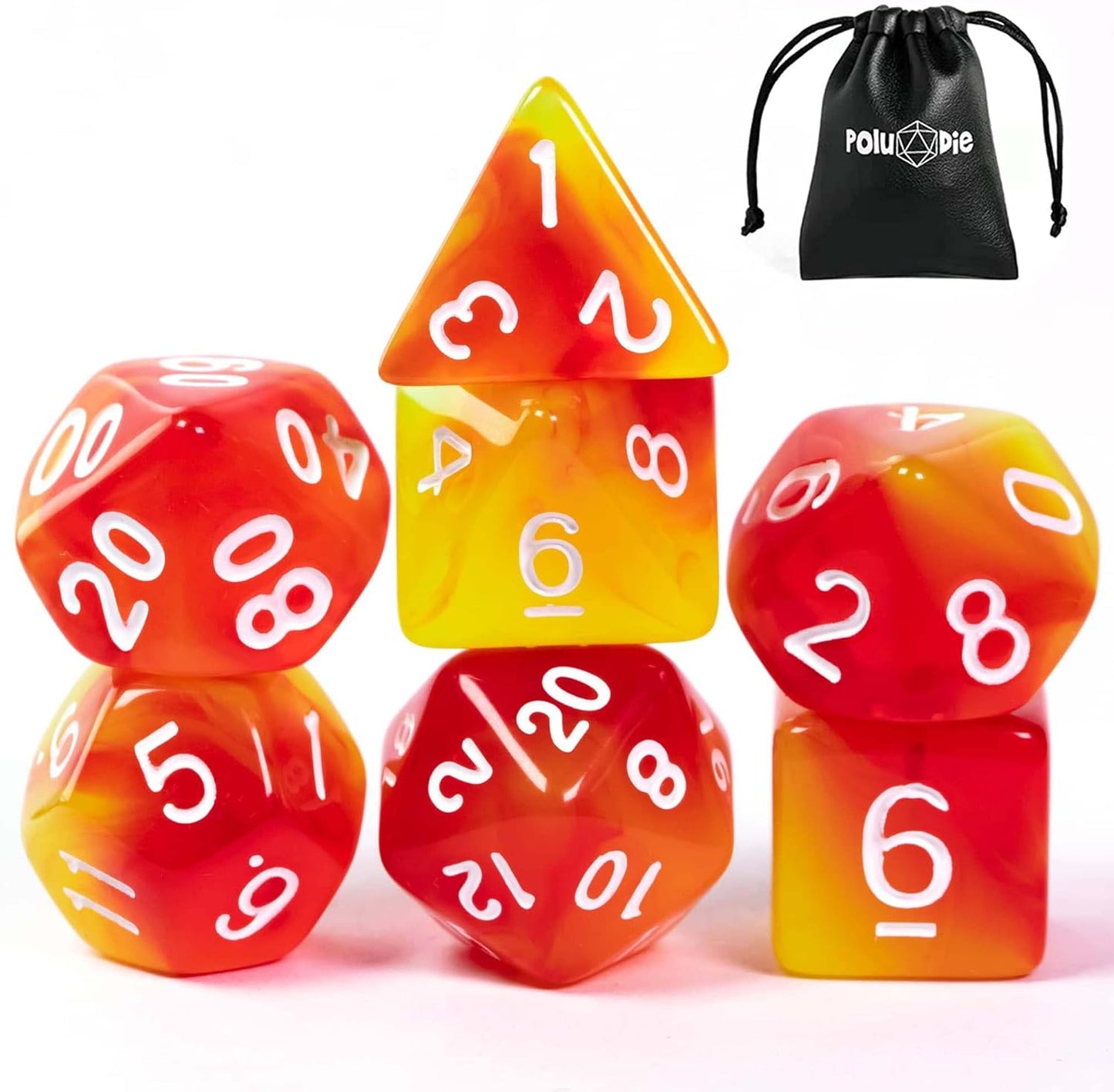 7-Die DND Dice Set Polyhedral Dice Set with a Leather Dice Bag, D&D Dice Set for Dungeons and Dragons, RPG Table Games (T/Red Yellow)