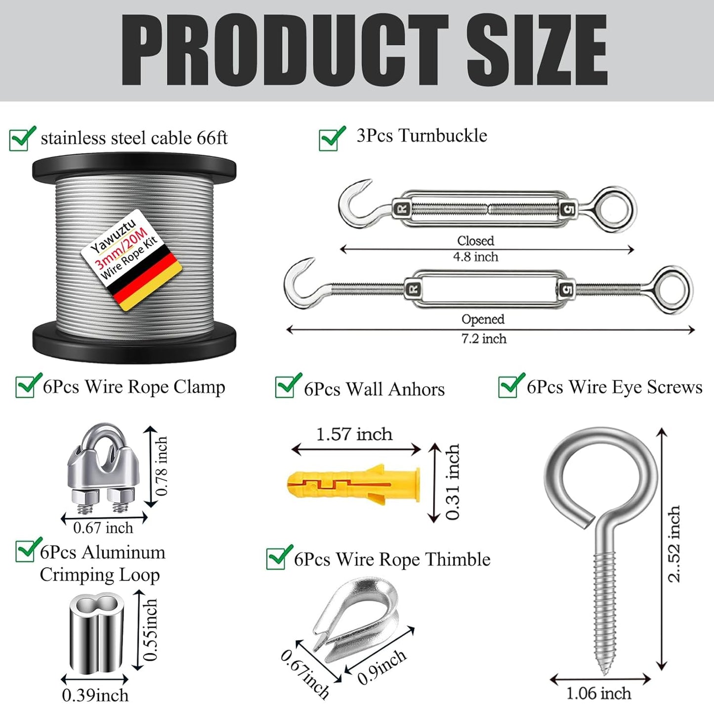 1/8 Inch Heavy-Duty Stainless Steel Cable 65FT Wire Rope with M5 Turnbuckle - 304 Stainless Steel, 1700LB Break Strength for Outdoor Sun Shade, Garden Climbing,Deck Railing (1/8" 65FT Wire Rope Kit)