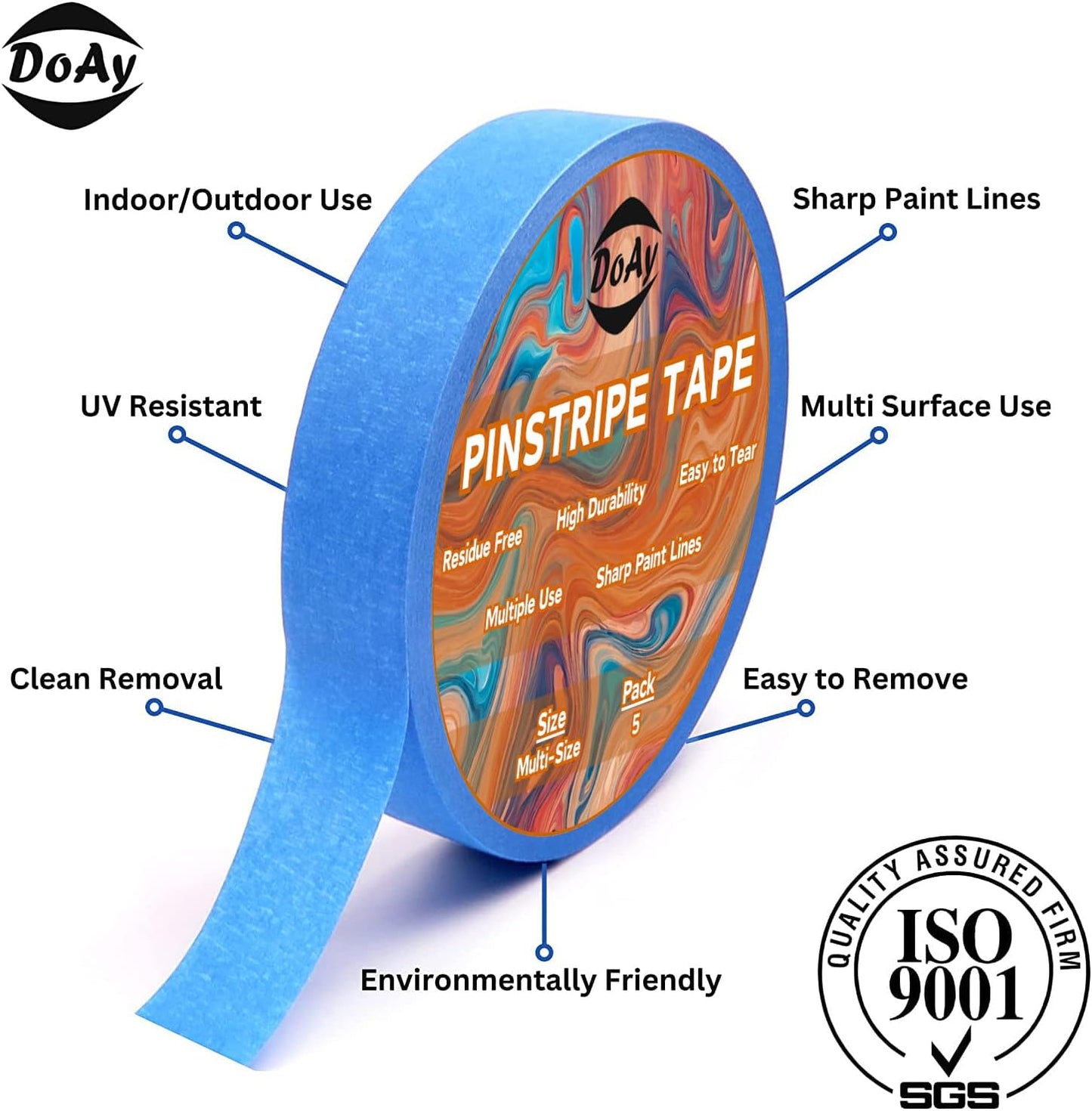 5 Rolls Pinstripe Tape - Masking Tape 1/16", 1/8", 1/4", 1/2", 3/4" - Thin Painters Masking Automotive Tape for DIY, Car, Auto, Paint, Art, Tumblers (Blue)