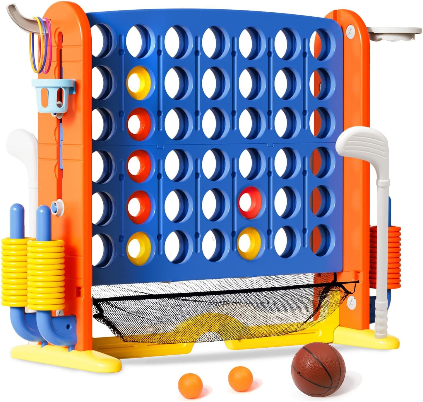 Ancaixin Giant 4 in-A-Row Connect Game Set, Adjustable Height Jumbo Yard Game with Basketball Hoop, Golf, Mesh Pocket & Ring Toss, Indoor Outdoor Family Backyard Party Game for Kids and Adults, Blue