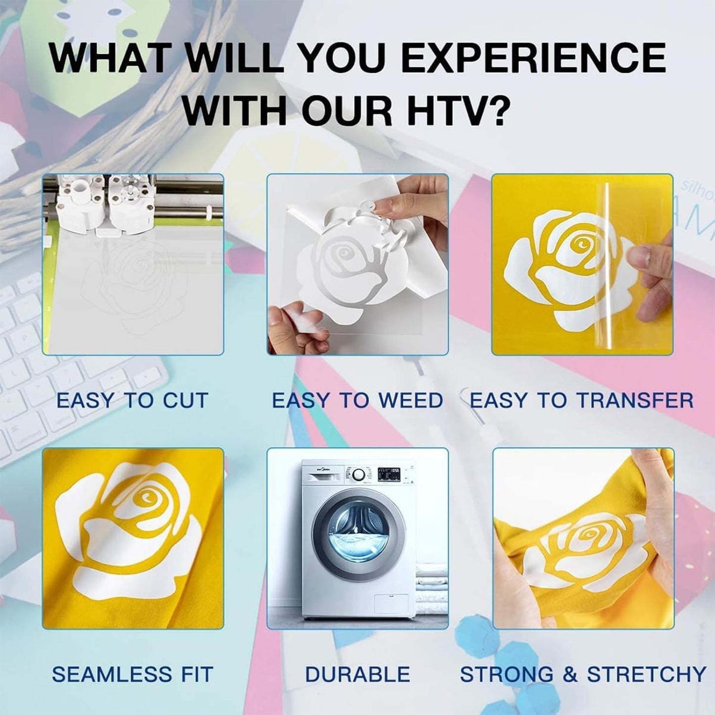 HTVRONT HTV Roll Heat Transfer Vinyl - 12" x 8ft White HTV Vinyl for Shirts, Iron on Vinyl for All Cutting Machine - Easy to Cut & Weed for Heat Transfer Design (White)