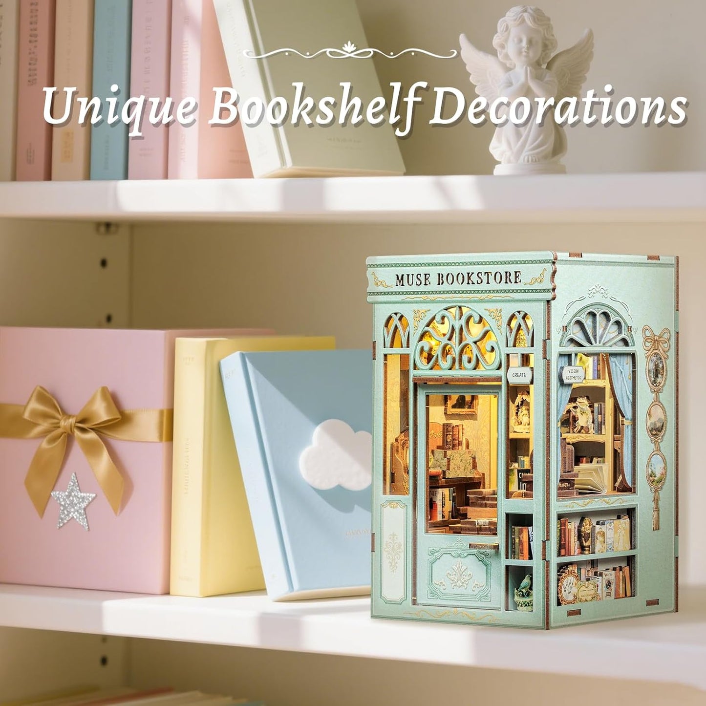 Fsolis Book Nook Kit - DIY Miniature House Kit 3D Puzzles for Adults Beginners Tiny House Mini Booknook Craft Bookshelf Decor, 281 Wooden Pieces, Gifts for Women Teenagers Book Lovers (Muse Bookstore)