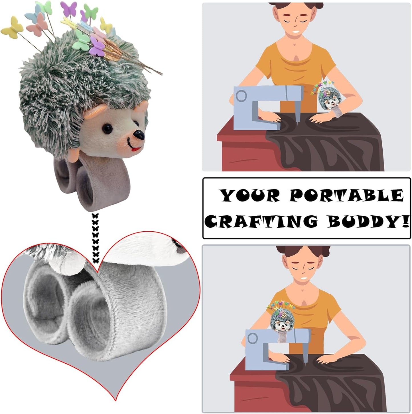 Cute Hedgehog Wrist Pin Cushion for Sewing with Magnetic, Snap Bracelet Wrist Bands for Pins and Needles Include 50 Lovely Butterfly Straight Pins.