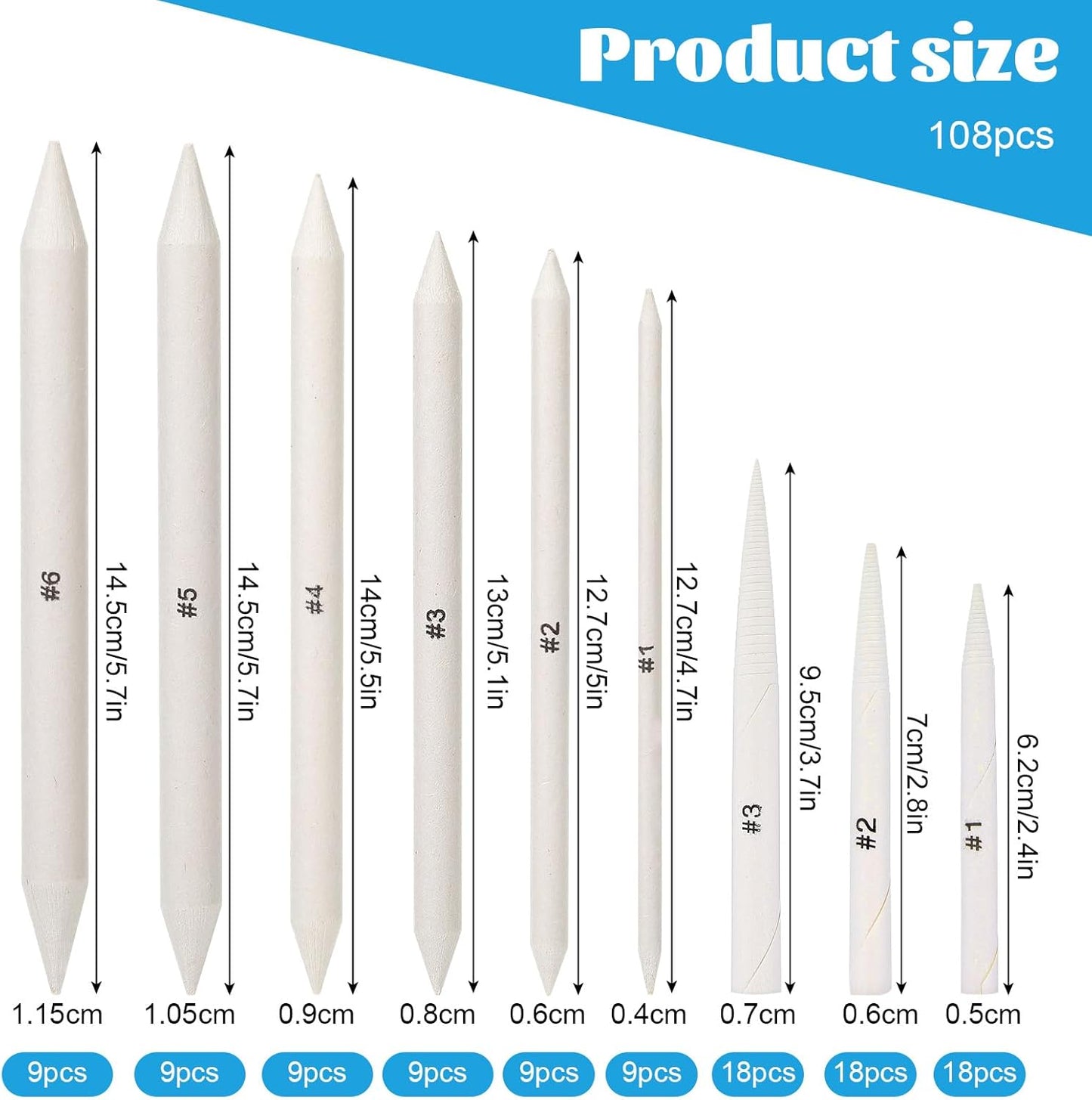 108 PCS Blending Stumps and Tortillions Blending Sticks, Oil Pastel Blending Pencil Soft Paper Felts Sketch Shading Pencils Colored Pencil Blender for Artists and Students Drawing Supplies (9 Sizes)