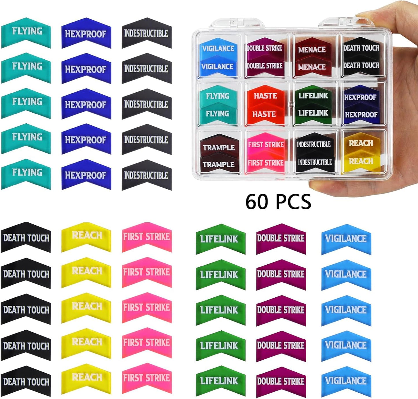 108PCS MTG Keyword Tokens & 12mm MTG Life Counter Dice Set for Magic Card, CCG Creature Stats Loyalty Dice with Box, Magic TCG Card Game Accessories