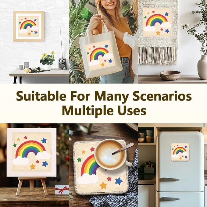 Doodlream Rainbow Star DIY Punch Needle Embroidery Kit for Adult Beginner, 9.4" Rainbow Punch Stitching Craft Set for Starter with Frame, Fabric Pattern, Threader, Yarn, Pinch Needle