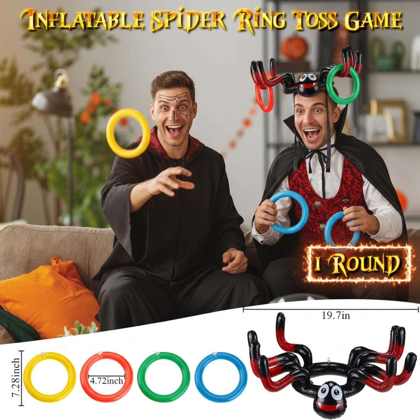 Hiboom 33 Pcs Halloween Party Supplies for Adults, Halloween Decoration Include Potato Sack Race Bags Bean Bag Toss Supply 3 Legged Race, Egg Spoon, Inflatable Spider Ring Toss