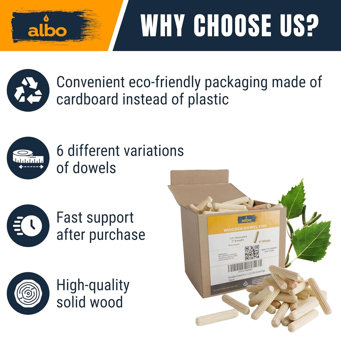 ALBO Wooden Dowel Pins 1/2 x 2 inch Fluted Wood Dowels Rods 100 Pack Hardwood Crafts Dowel Pegs