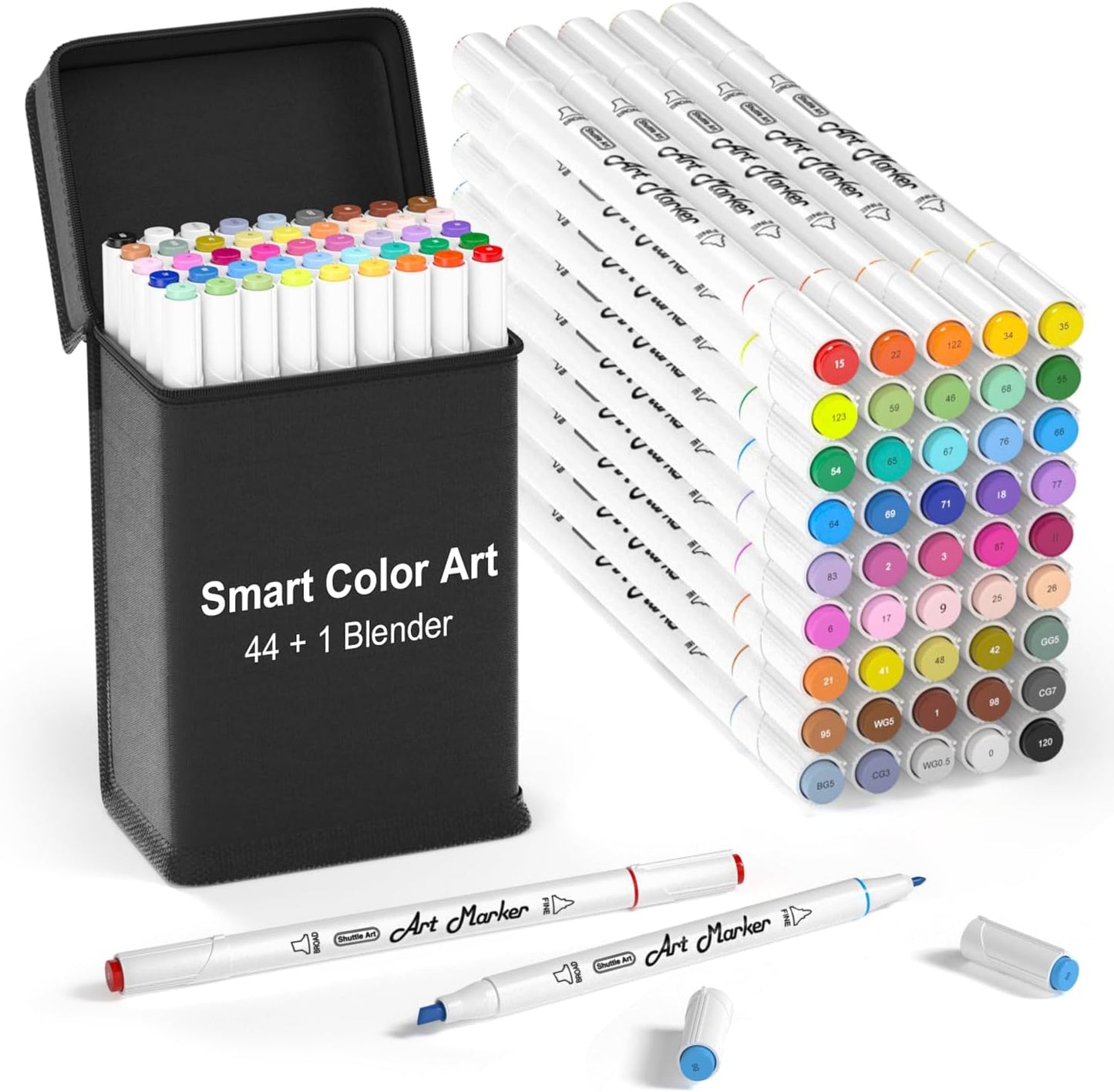 Smart Color Art Art Markers, 44 Coloring Markers and 1 Blender, 45 Pack Alcohol Based Dual Tip Permanent Highlighters with Case, Excellent for Adults Kids Marking Drawing Sketching