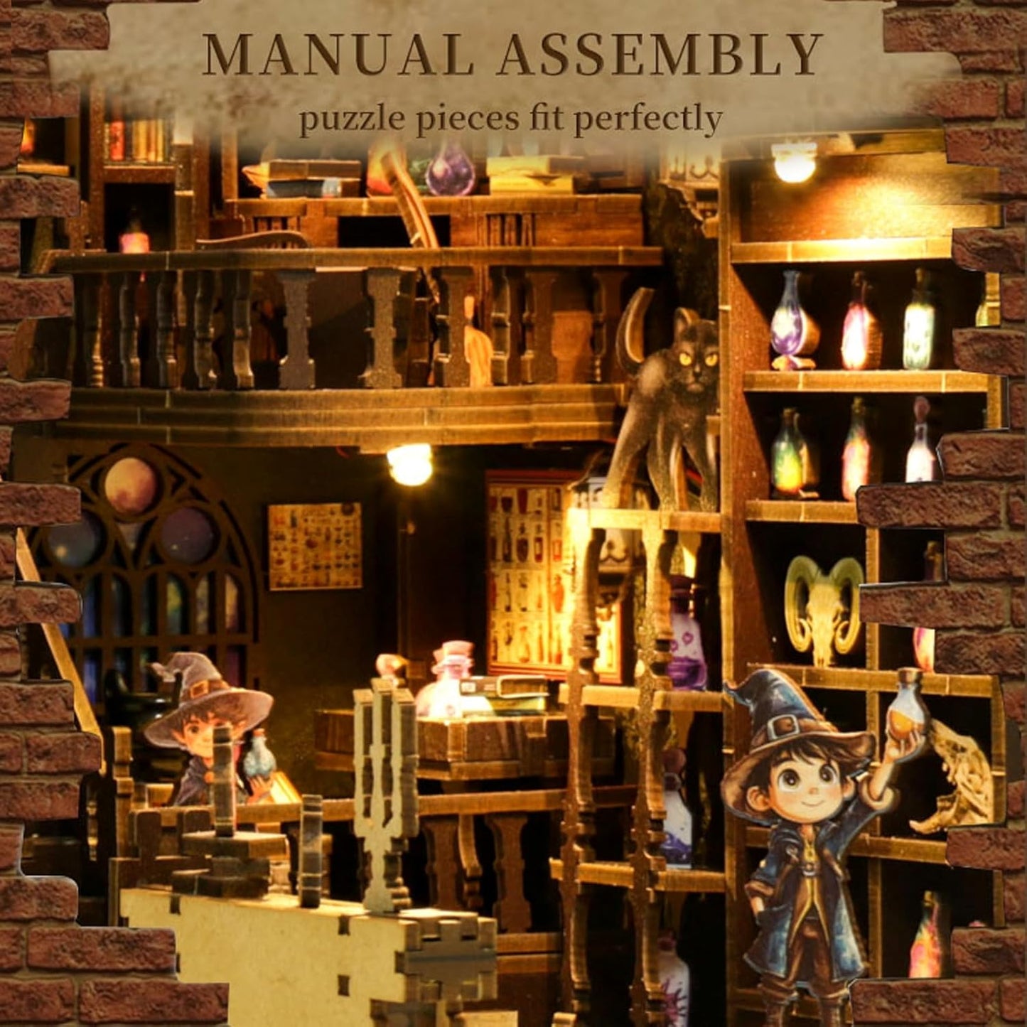 Book Nook Kit for Adults, DIY Miniature House Kit 3D Printed Booknook Wooden Puzzle Dollhouse Bookshelf Insert Decor DIY Craft Gift Model Build with LED Light for Book Lovers - Alchemy Master