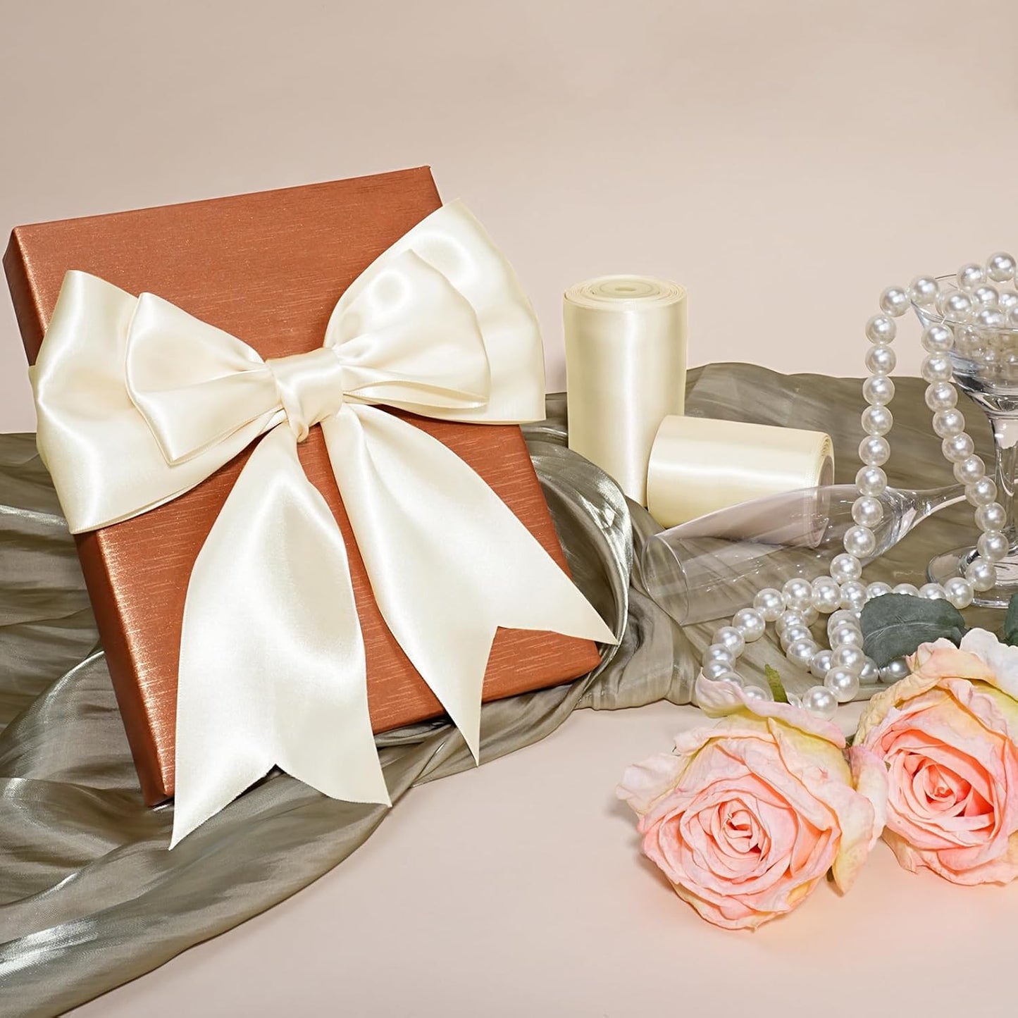 LaRibbons Ivory Satin Ribbon 4 Inch 10 Yards Double Faced Luxury White Cream Silk Ribbon for Gift Wrapping Flower Bouquets Bow Christmas Wedding Party Decoration