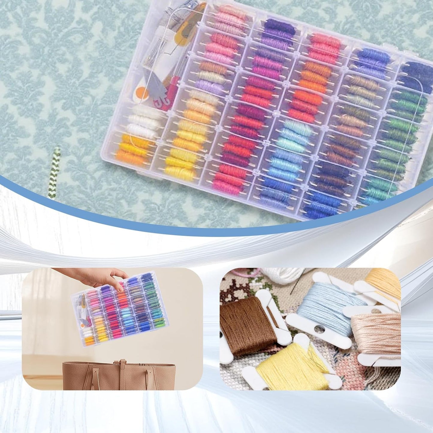 Embroidery Thread Organizer, 2 PCS Embroidery Floss Organizer, Removable with 150 White Floss Bobbins and Two Stickers, 1*Manual Winding Machine Suitable for Cross Stitch, DIY Sewing