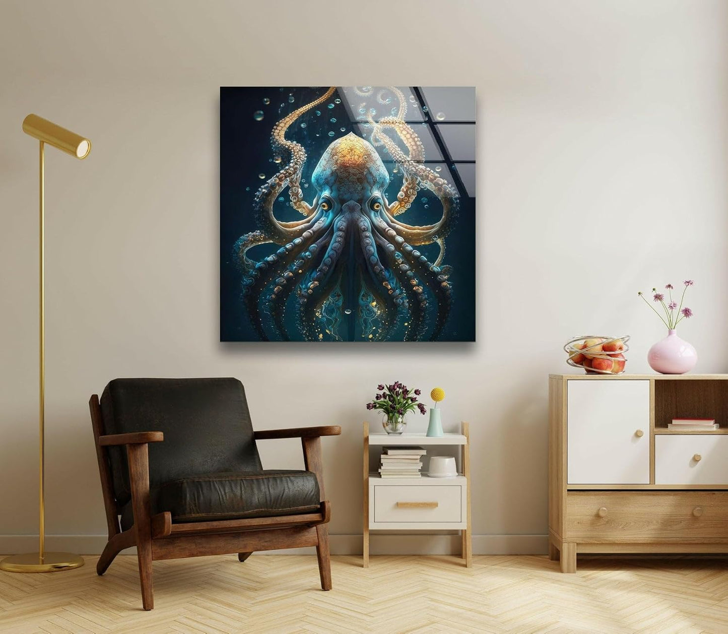 My Photostation.com Round 31,5'' Underwater Blue Octopus Glass Wall Art Tempered Glass Printing Wall Decor Large Wall Art Wall Hangings
