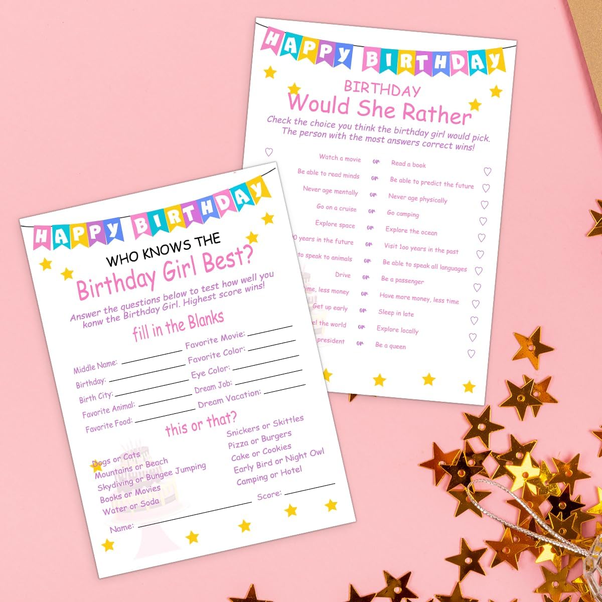 Birthday Party Games Set for Girls- 20 Birthday Double Sided Games Cards Set- Girls Birthday Party Activity Notebook Themed Party Activity and Idea - Girl Birthday Party Supplies, Decorations