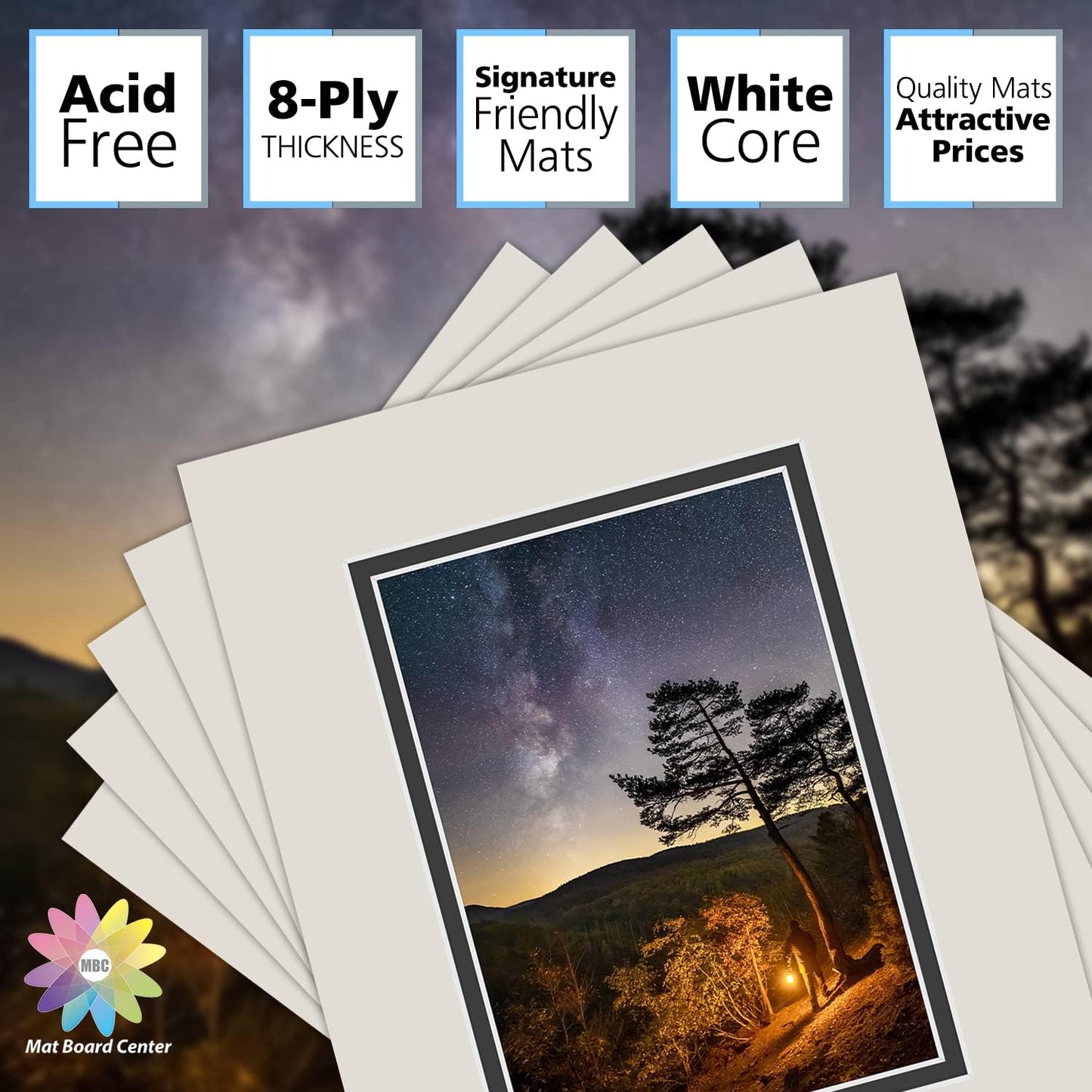 Mat Board Center, Double Mat - Acid Free, 8-ply Thickness, White Core - for Pictures, Photos, Framing (Gray Over Black, 8x10 for 5x7, Pack of 5)