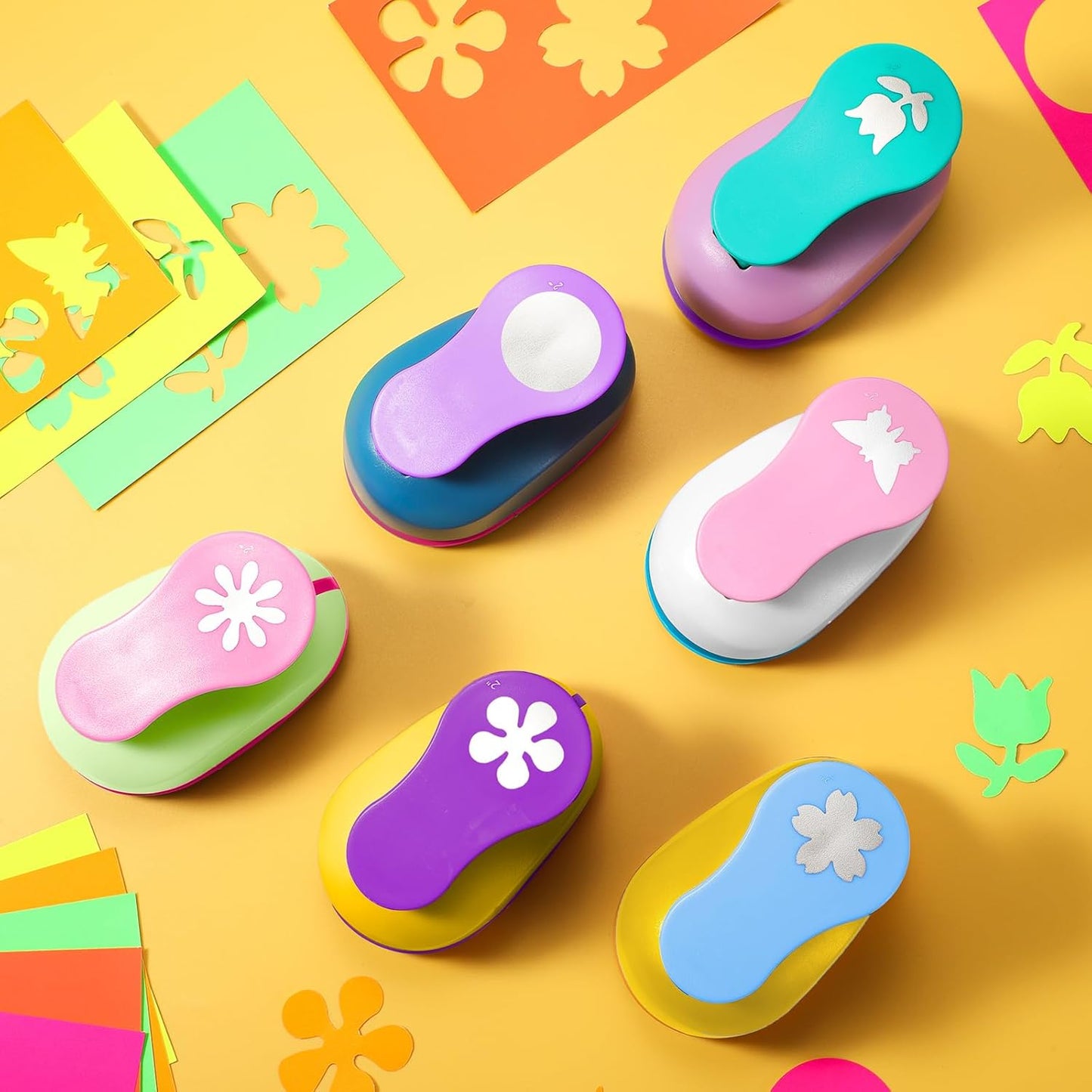 CHENGU 16 Pcs Craft Holes Punch Paper Punchers Scrapbook Punches with Craft Sticker Paper, Round, Star, Square, Heart, Flower, Wave Circle Shape (Flower Style,2 Inch)