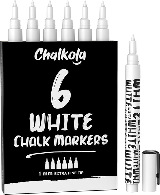 Chalkola White Chalk Markers Fine Tip (6 Pack, 1mm Extra Fine Point) - Dry Erase Liquid Chalk Pens for Chalkboard, Blackboard, Car Window, Bistro, Glass, Board, Calendar - White Chalkboard Markers
