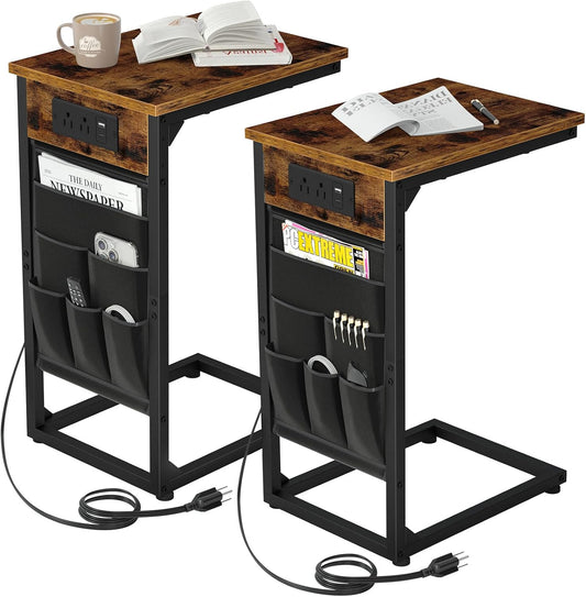 AMHANCIBLE C Shaped End Table with Charging Station, TV Tray Set of 2, Couch Tables with Storage Bag, Slide Under Sofa Side Table with USB Ports and Outlets for Living Room, Rustic Brown HET04CBR