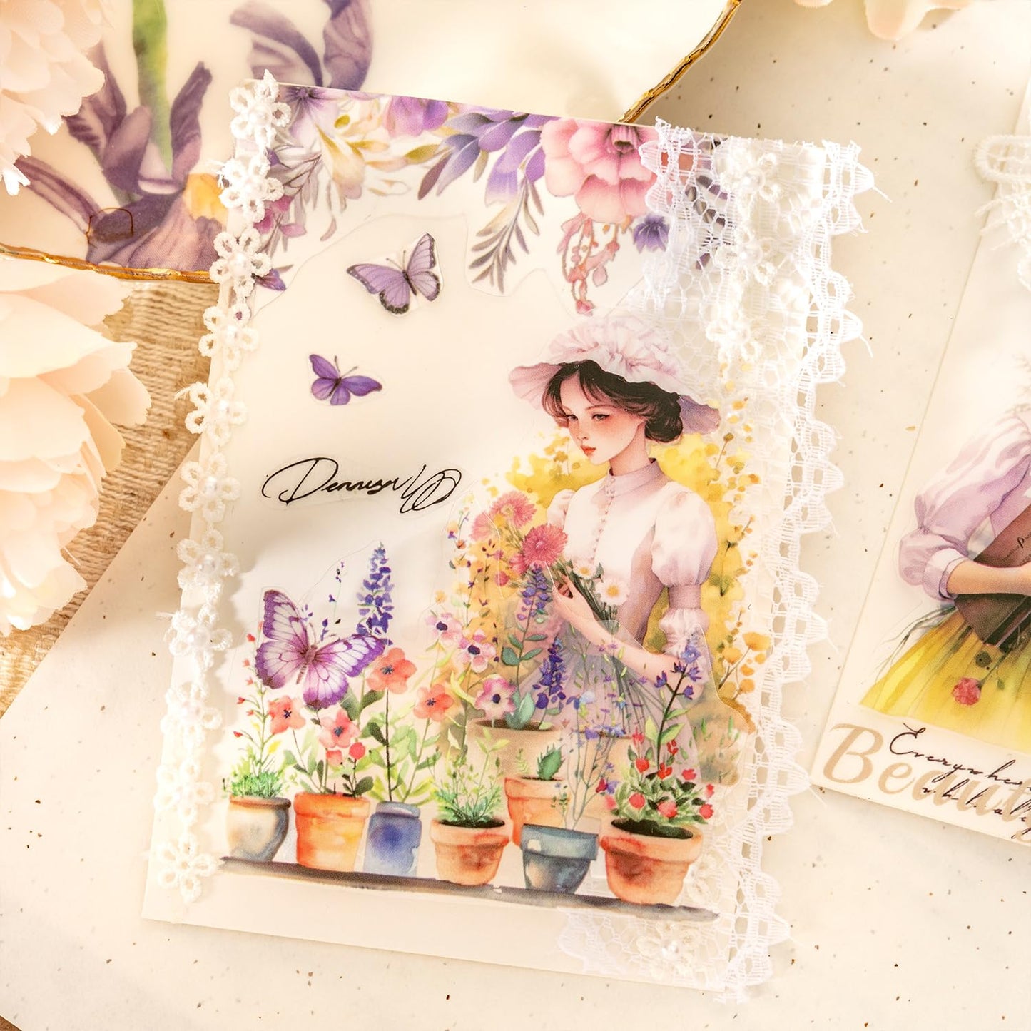 Garden and Girl PET Tape Set, 4 Rolls Pre-Cut Adhesive Tapes for Scrapbooking, Journaling, DIY Crafts, and Art Supplies