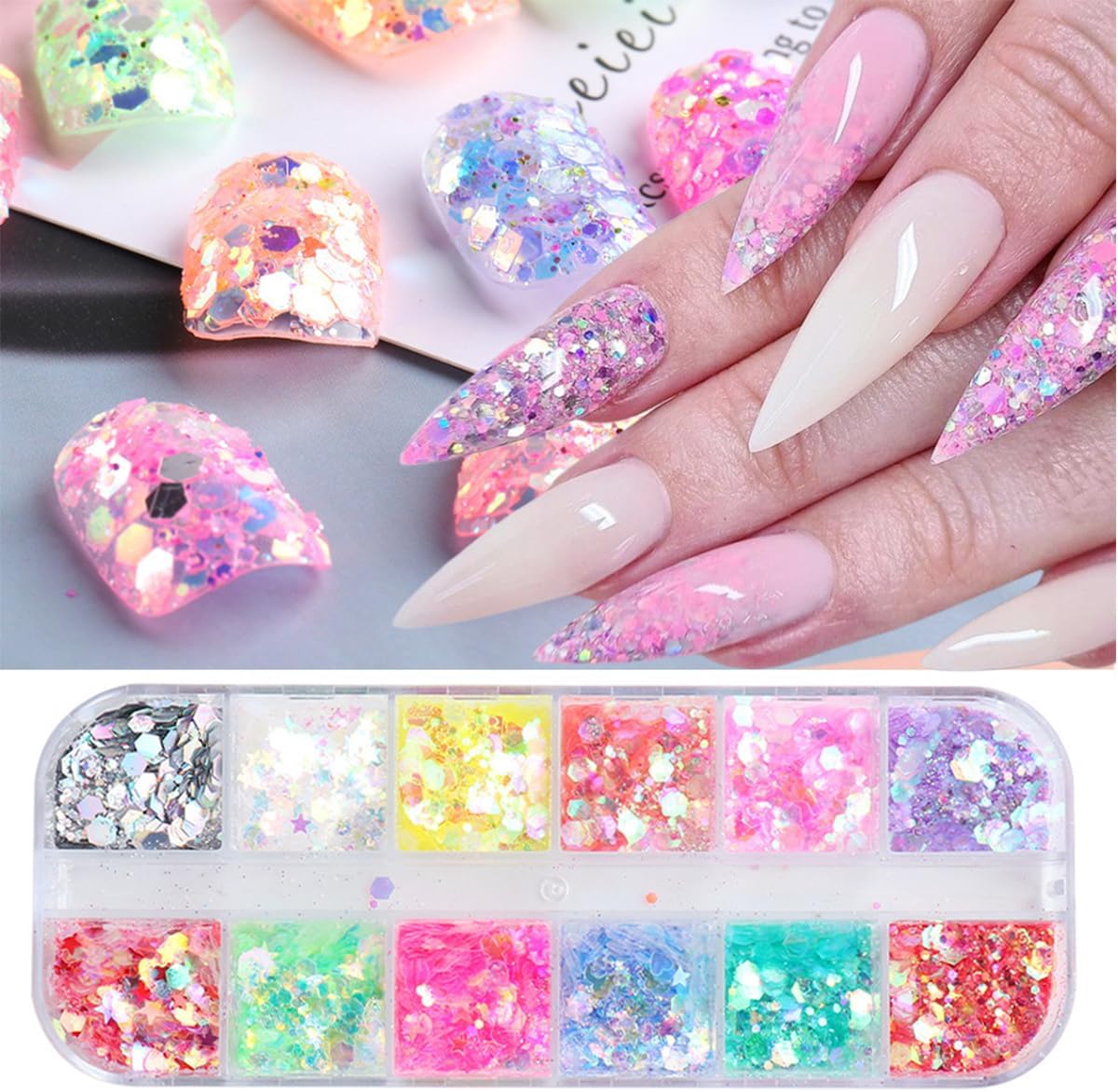 12 Colors Bling Mermaid Nail Glitter Sequins 3D Holographic Nail Glitter Flakes Hexagon Chameleon Chunky Glitter for Nail Art Sequins Mixed Iridescent Nail Flakes for Women DIY Shiny Nail Decoration