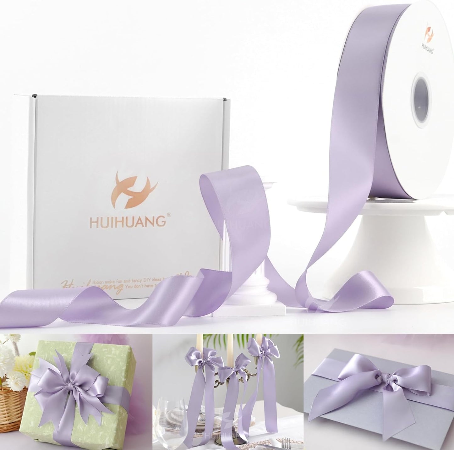 HUIHUANG Purple Satin Ribbon 1-1/2 inch x 100 Yards Lavender Color Double-Faced Satin Ribbon for Flower Bouquet, Gift Wrapping, Eternal Roses, DIY Crafts, Bridal Shower Wedding Decor