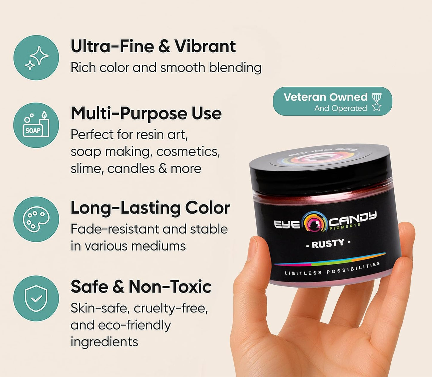 Eye Candy Premium Mica Powder Pigments | Multipurpose DIY Arts and Crafts Additive | Acrylic, Woodworking, Bath Bombs, Resin, Epoxy, Soap, Fishing Lures (Rusty)