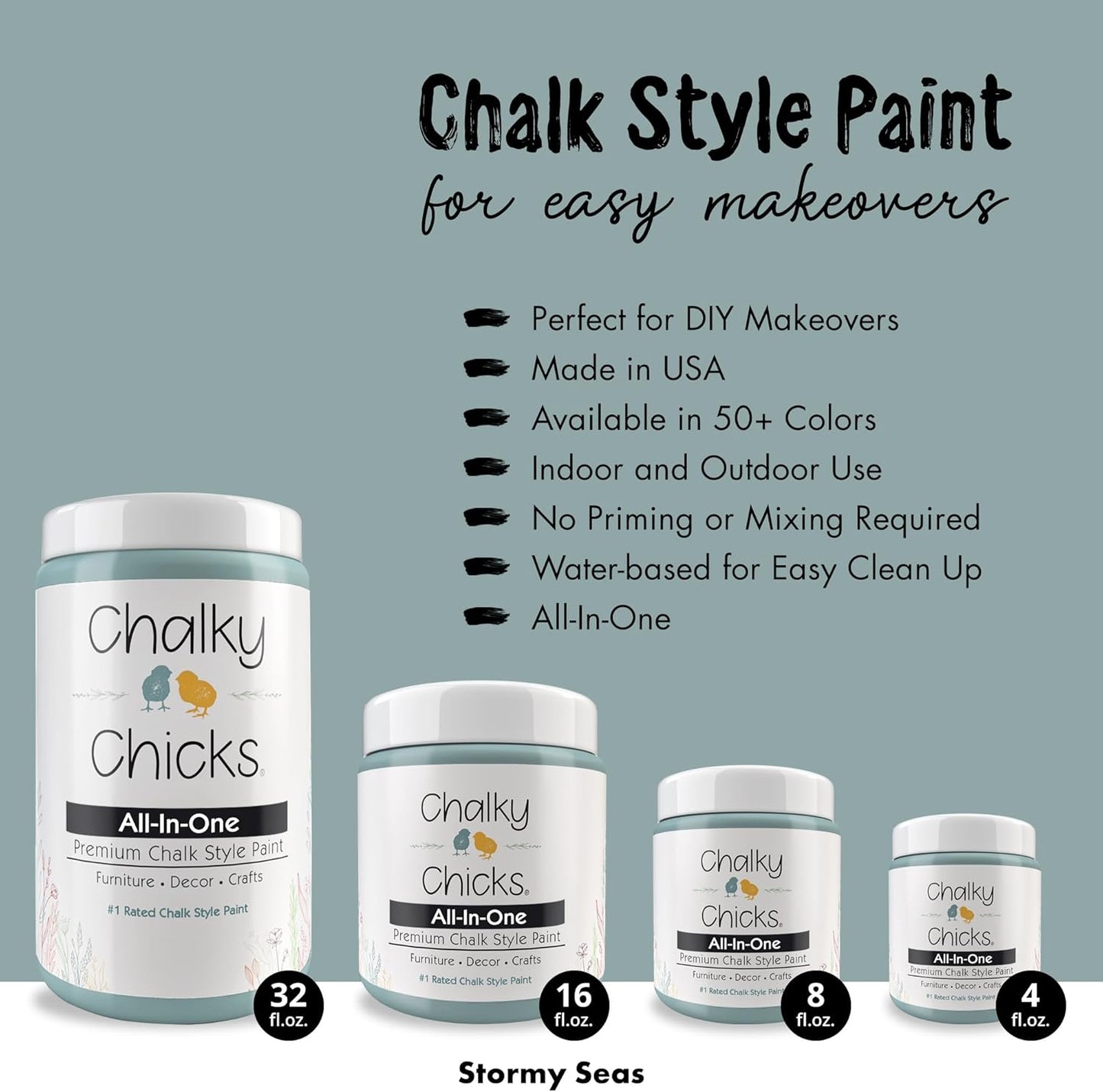 Chalky Chicks All-in-One Chalk Paint for Furniture or Cabinet - 8Fl Oz - Matte Finish Stormy Seas (Light Blue) for Metal, Wood Furniture Paint - No Sanding All-in-One for Home Decor & Crafts, USA Made