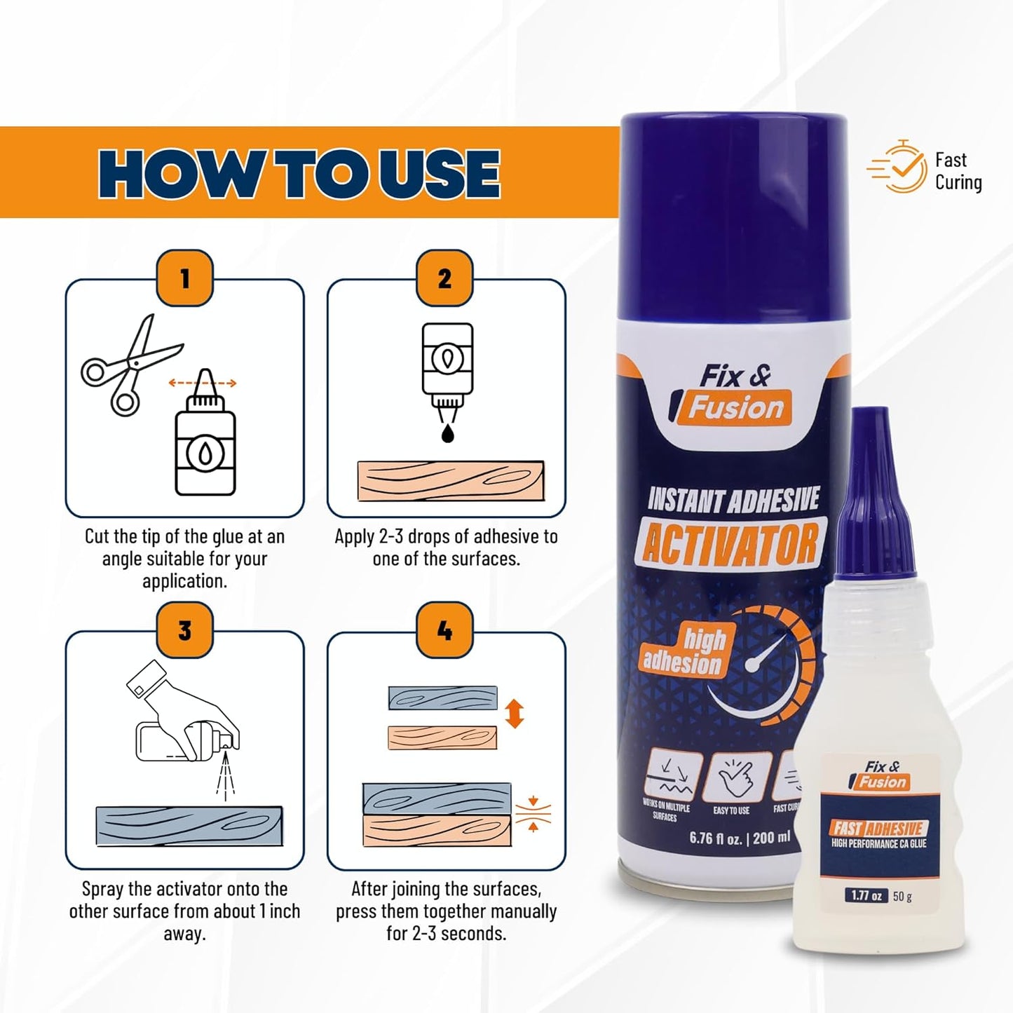 FIX & FUSION Ca Super Glue (1.77 Oz) with Activator Spray (6.76 Fl Oz) Set, Fast Adhesive/Cyanoacrylate Glue & Instant Activator for Woodworking, Plastic, Rubber, Granite, DIY & Industrial, (2 Pack)