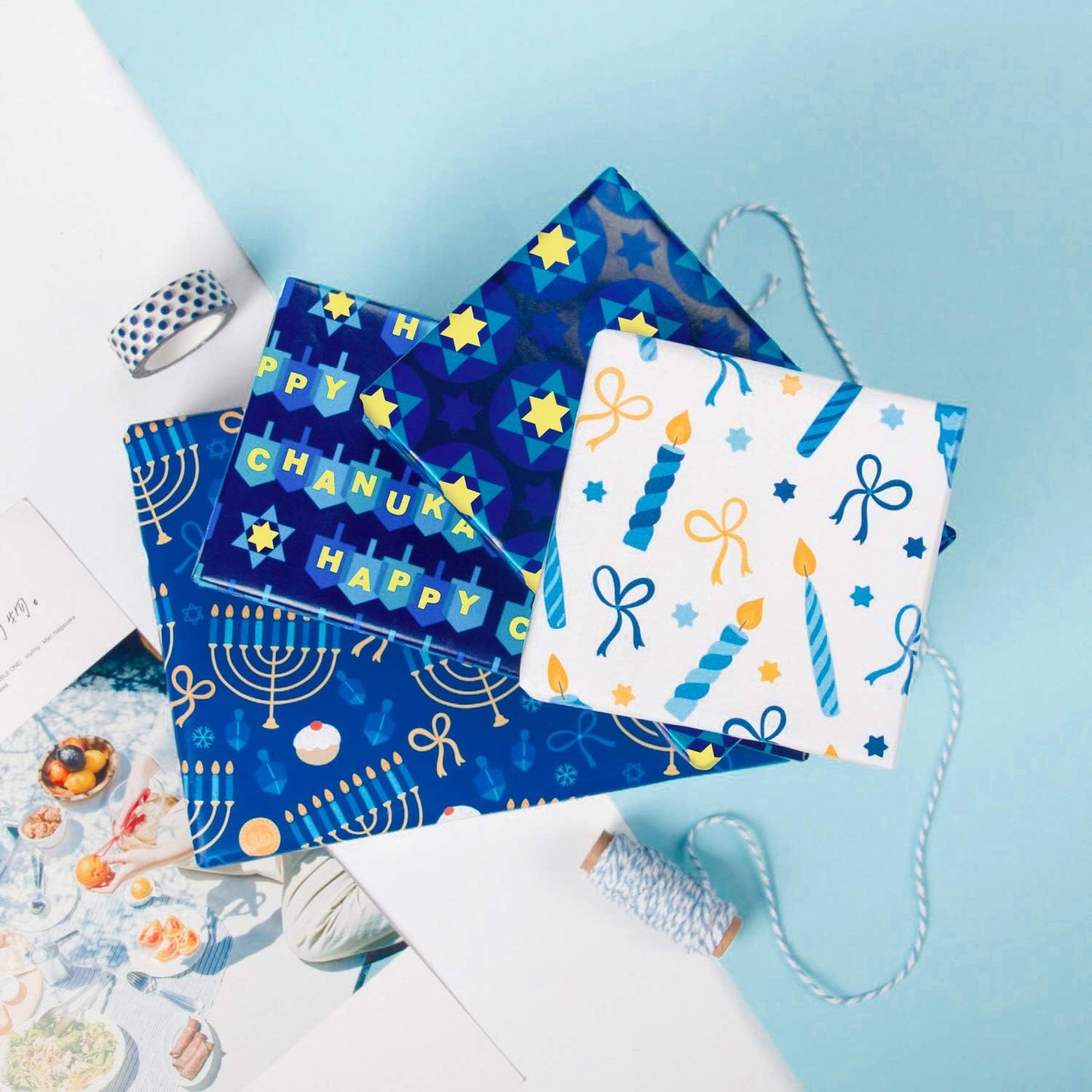 WRAPAHOLIC Hanukkah Wrapping Paper Set - Menorahs, the Star of David, Candles Design Chanukah Wrapping Paper Bundle with Gift Bow & Ribbon & Tag & Sticker