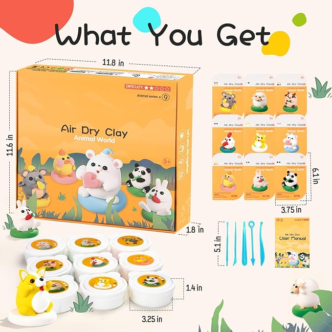 Air Dry Clay Kit for Kids, Modeling Clay, 9 Animals Model Magic Clay with Sculpting Tools and Tutorials, Ultra Light Soft Clay Set, Arts Crafts Toy Gift, Christmas Birthday Party Favors for Boys Girls