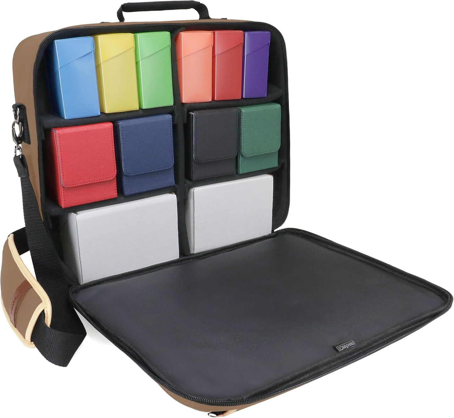 ENHANCE Designer Edition TCG Bag - MTG Shoulder Bag with Customizable Dividers & Accessory Pocket for Deck Boxes, Dice - Card Storage Compatible with Magic the Gathering, Lorcana (Tan)
