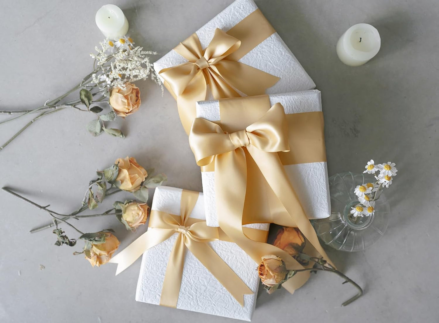 Champagne Satin Ribbon 2.5 Inch Double-Faced Polyester Ribbons 25 Yards for Hair Bows Gift Wrapping Crafts Floral Bouquet Wedding Invitations