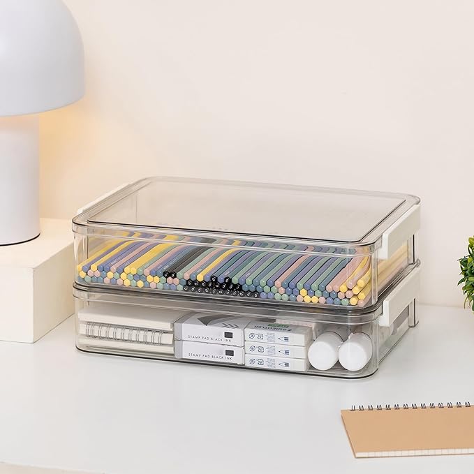 Citylife 2 PCS 6 Qt Plastic Storage Bins with Lids and Latches, Portable Stackable Storage Bins, Clear Plastic File Box for Organizing A4 Paper, Letters, Documents, Art Supplies, and Crafts