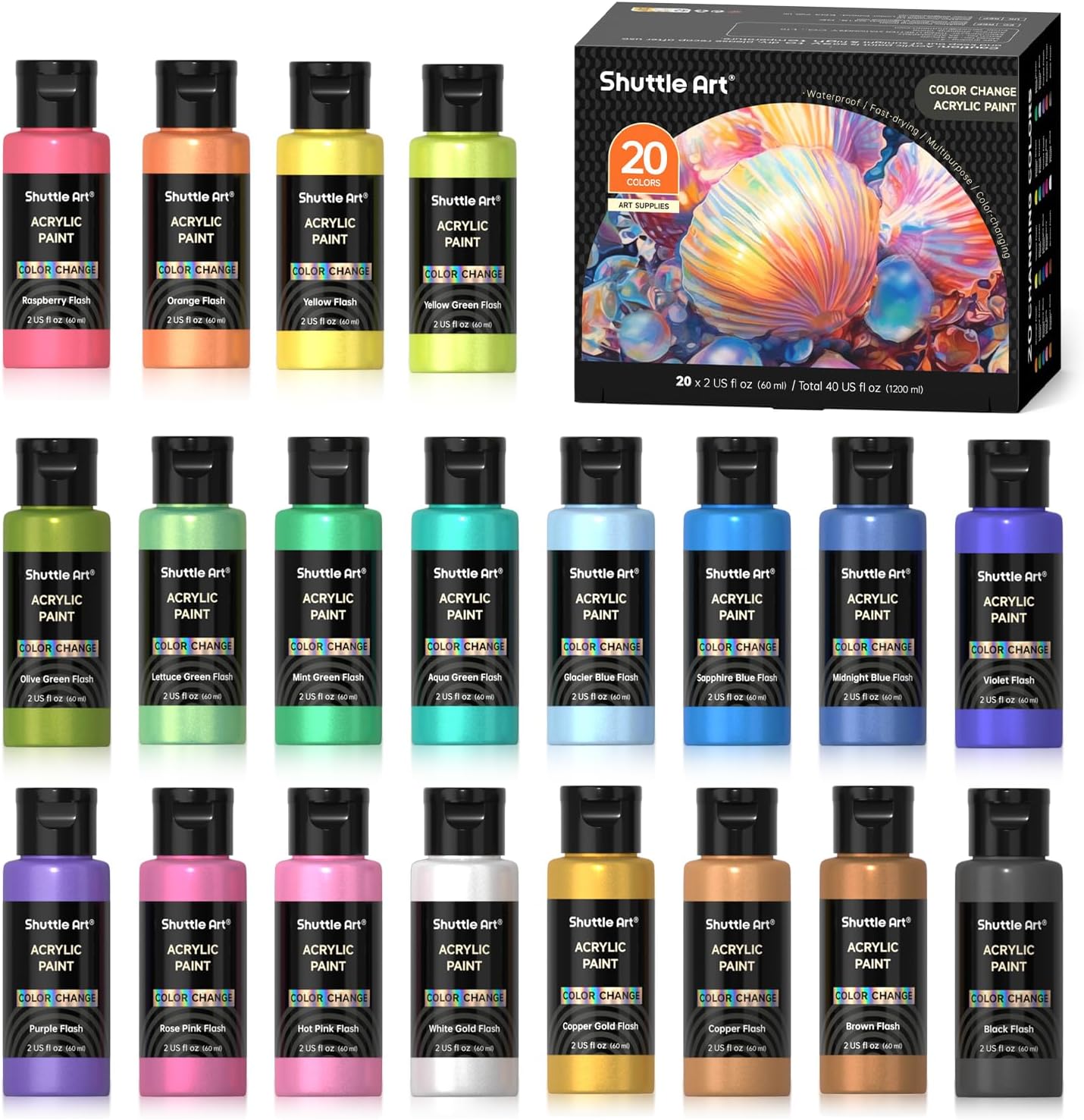 Shuttle Art Color Change Acrylic Paint, 20 Chameleon Colors Acrylic Paint, 60ml/2oz Bottles, Iridescent Colors for Artists, Beginners, Kids Painting & Crafting on Canvas, Rocks, Wood, Fabric, Ceramic