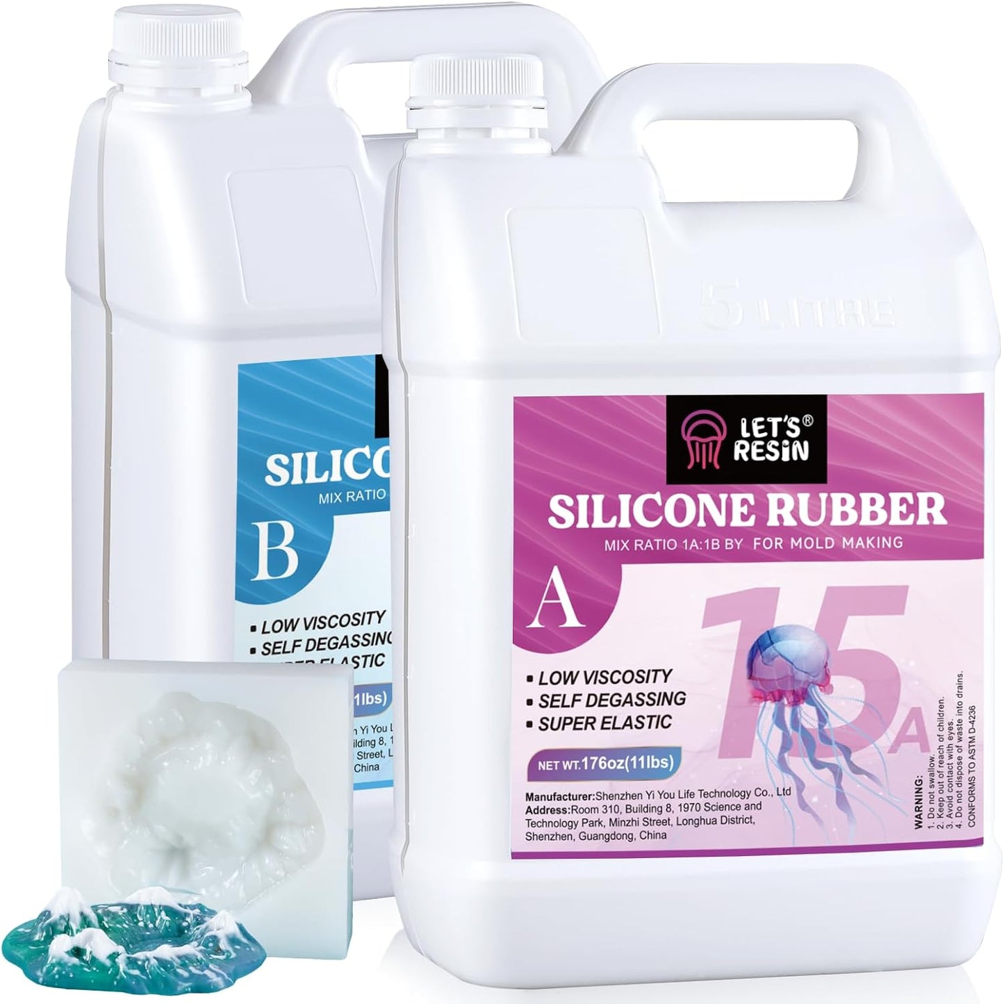 LET'S RESIN Silicone Mold Making Kit 15A, 4H Faster Curing Liquid Silicone Rubber, Super Elastic Translucent Clear Mold Making Kit, Molding Silicone for Silicone Molds, Soap Making, Clay(22lbs)