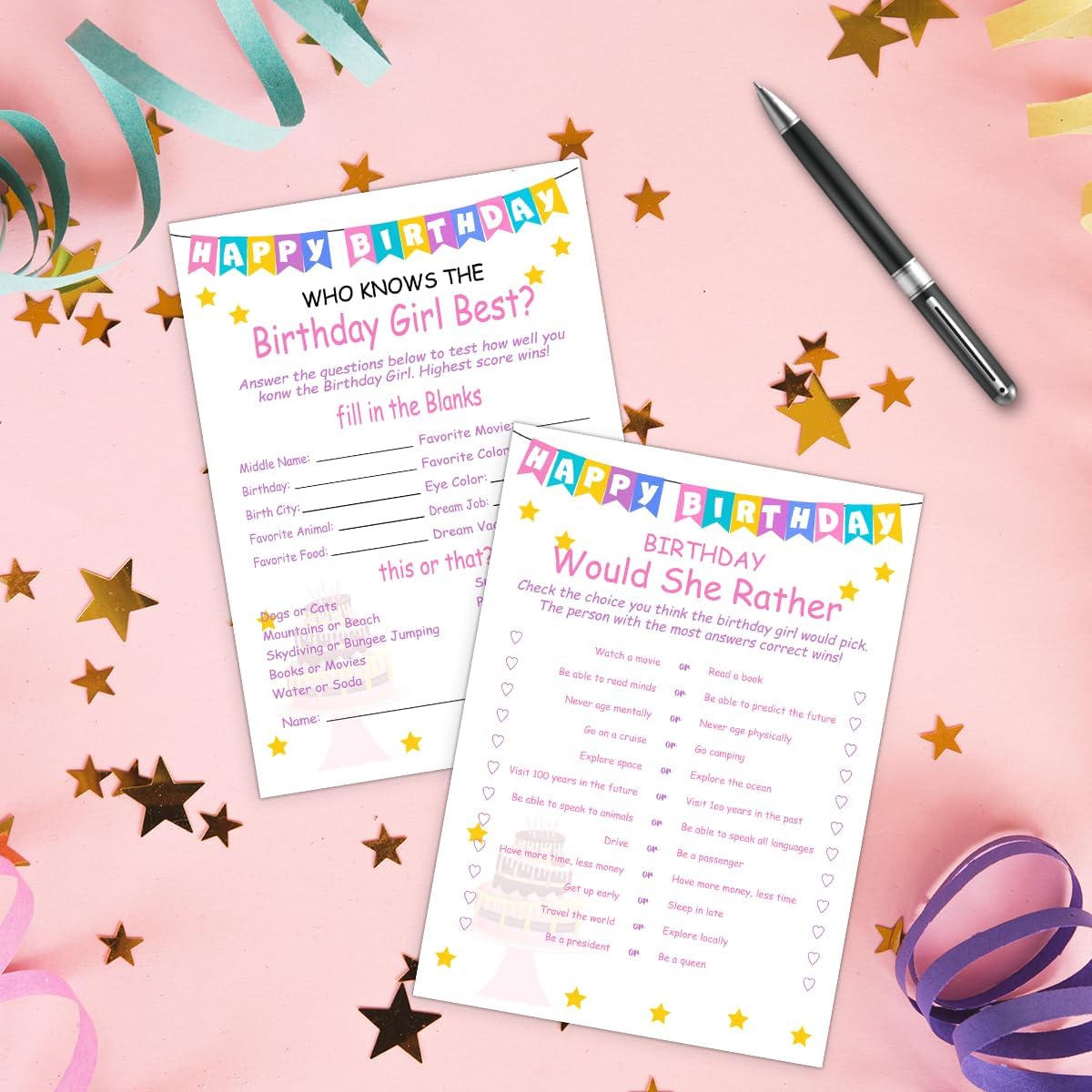 Birthday Party Games Set for Girls- 20 Birthday Double Sided Games Cards Set- Girls Birthday Party Activity Notebook Themed Party Activity and Idea - Girl Birthday Party Supplies, Decorations