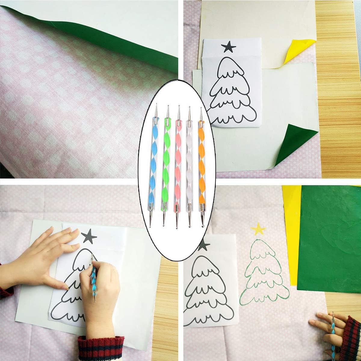 30 Sheets Carbon Transfer Paper,Tracing Paper Carbon Graphite Copy Paper with 5 Pieces Embossing Styluses Stylus Dotting Tools for Wood,Paper,Canvas and Other Art Surfaces 8.3 x 11.7 inches(6 Colors)