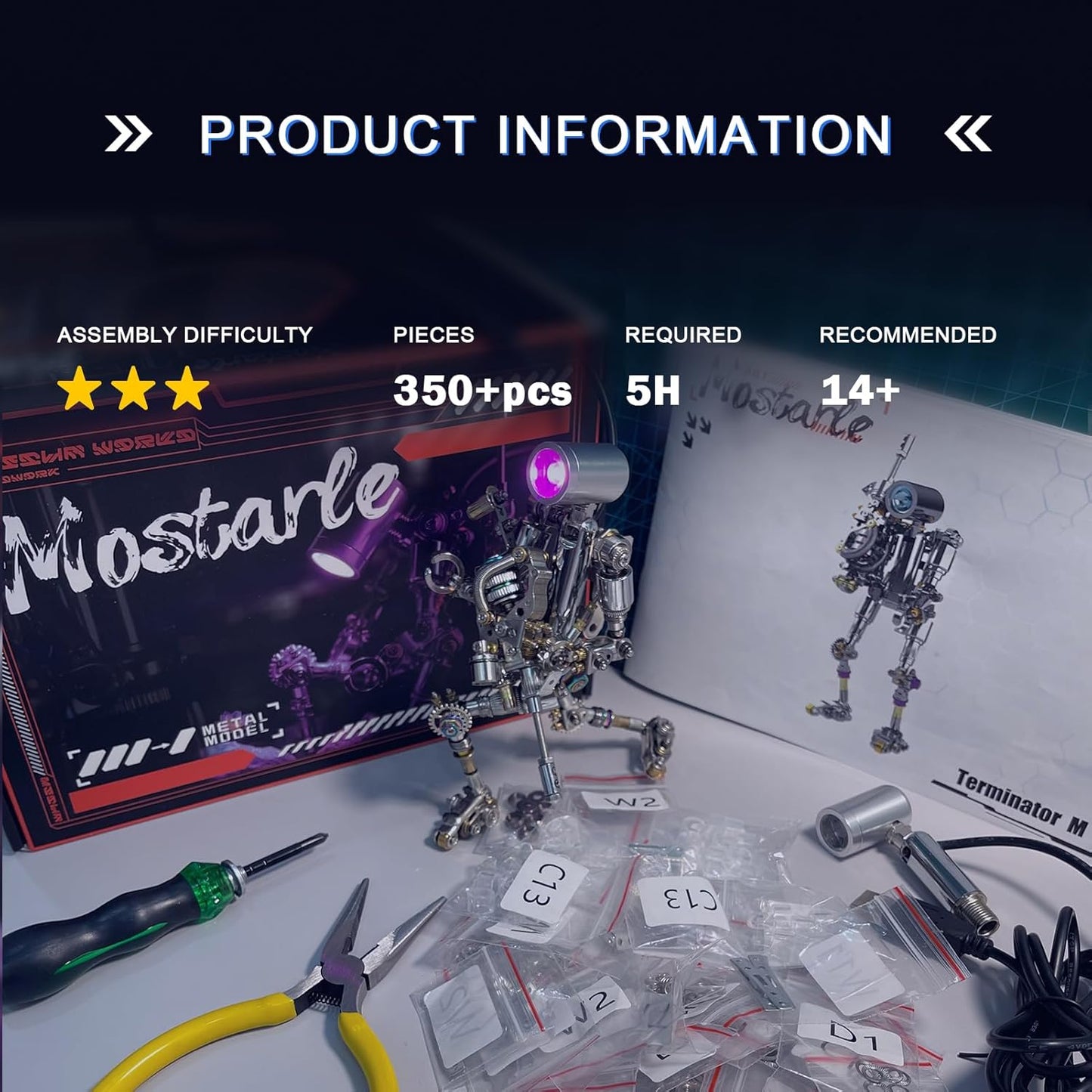 Mostarle Terminator M 3D Metal Puzzle, Arcynix DIY Mechanical Robot Model Kit, Sci-Fi Design LED Light Feature Unique Gift for Adults & Teenager (Purple)