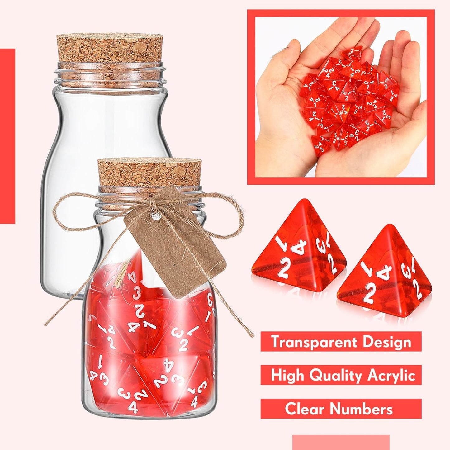 Wettarn 120 Pcs Transparent Red D4 Dice6 Pcs Pot Bottles Plastic Favor Jars with Cork Lids Healing Potion Bottles Polyhedral Dice Set for Party Favors Table Games(Novel Style)