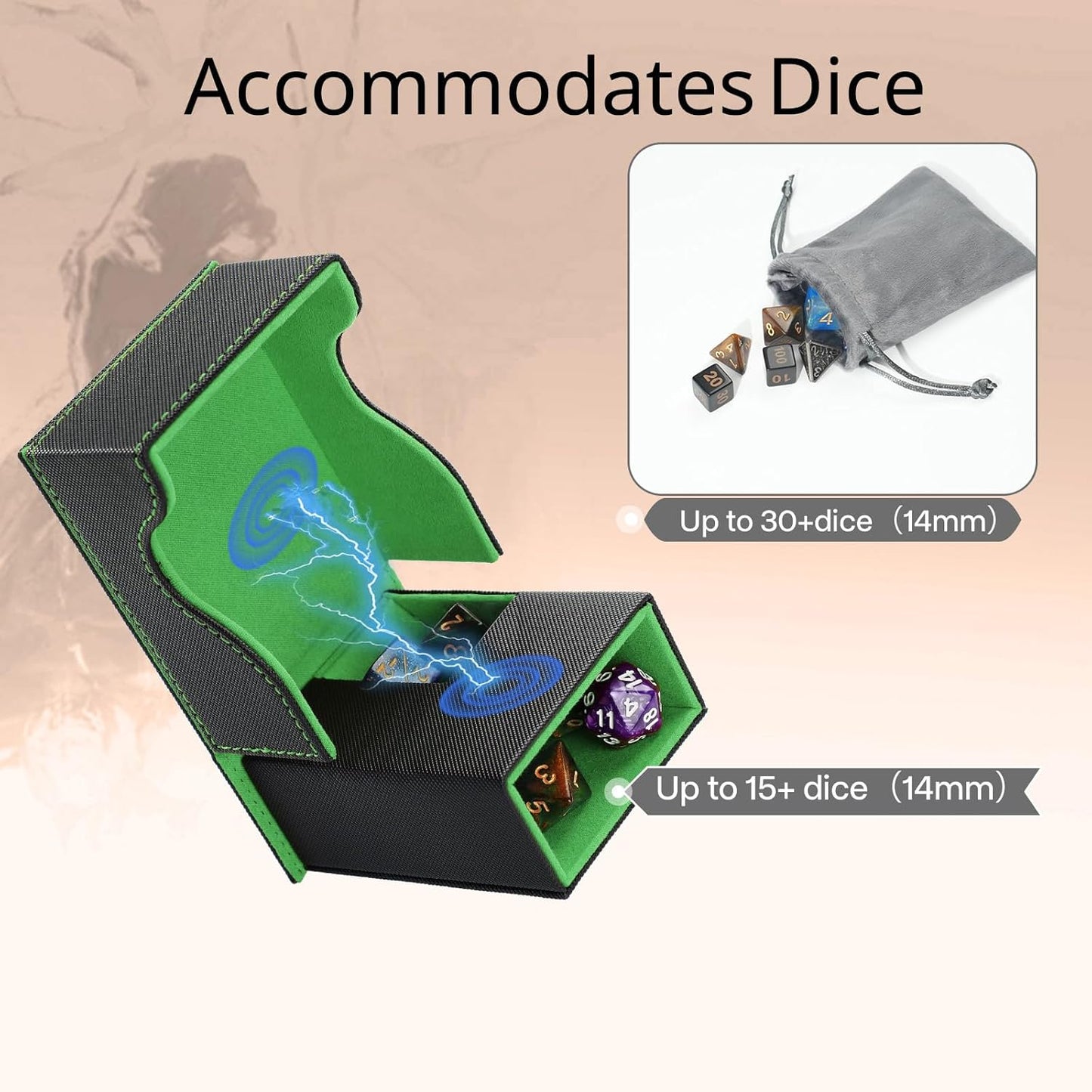 Dice Tower and Tray, Portable Commander Deck Box, Foldable Dice Storage Box for Dungeons and Dragons Rolling Tray Black/Green