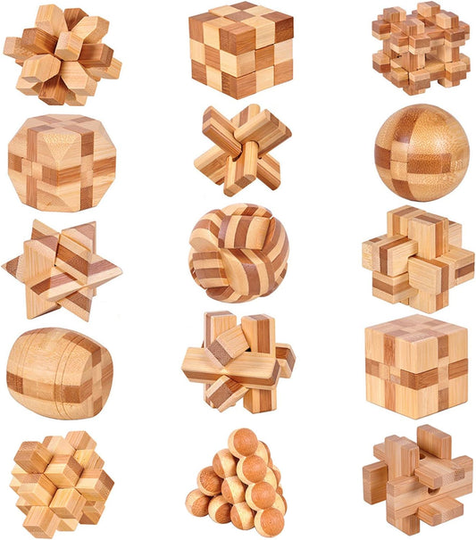 VolksRose 15pcs Wooden Brain Teaser Puzzles, IQ Challenge Puzzle Games, Logic Smart Mind Puzzle Box Lock Toy Removing Assembling 3D Small Puzzle Gift Set for Adults Teenagers Kids, 1.8inch 4.5cm