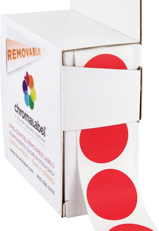 ChromaLabel 1 Inch Round Colored Stickers, Removable Sticky Dots Color Coding Labels, Ideal Dot Stickers for Arts and Crafts - 1000 Colored Labels per Dispenser Box, Red Dots