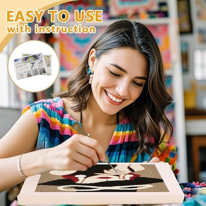 Doodlream Elegant Lady DIY Punch Needle Embroidery Kit for Adult Beginner, 9.4" Woman Wearing Hat Punch Stitching Craft Set for Starter with Frame, Fabric Pattern, Threader, Yarn, Pinch Needle