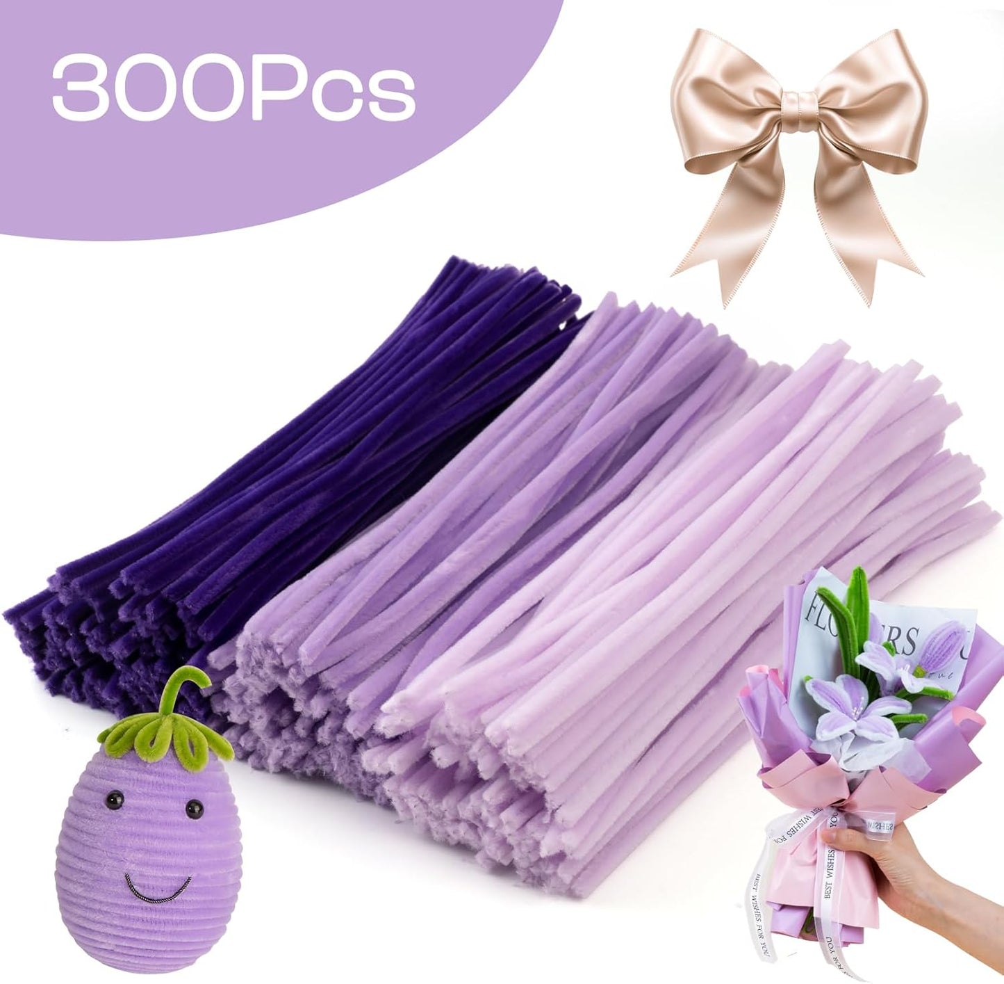 Caydo 300 Pieces Purple Pipe Cleaners, Thick Fluffy Chenille Stems, Pipe Cleaner Crafts for Arts & Crafts, Perfect for Making Animals, Flowers, and Festive Decorations