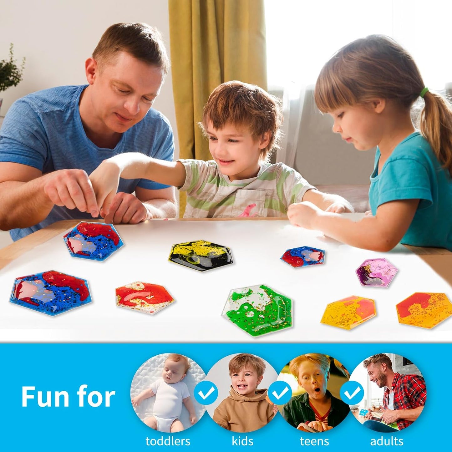 Art3d Hexagon Sensory Fidget Liquid Motion Tiles for Kids, Toddler, Teens - Interactive Soft Gel Liquid Play Mats for Home, Schools, Playrooms, Multi-Pack of 6 Tiles