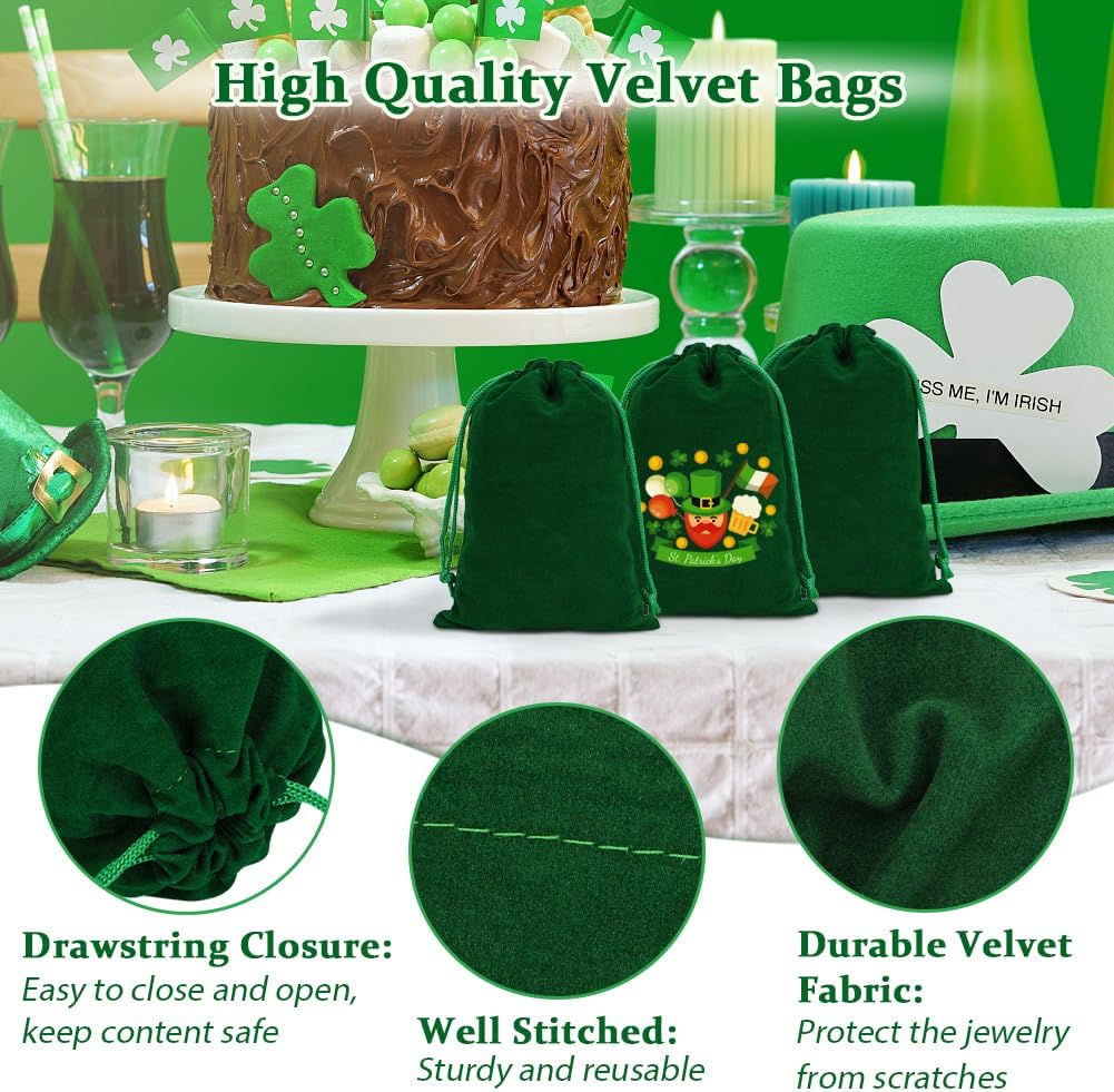 Shintop 20pcs Velvet Bags, 4x6inch Green Jewelry Drawstring Pouches Soft Cloth Gift Bags for Christmas St Patrick's Day Party Favor