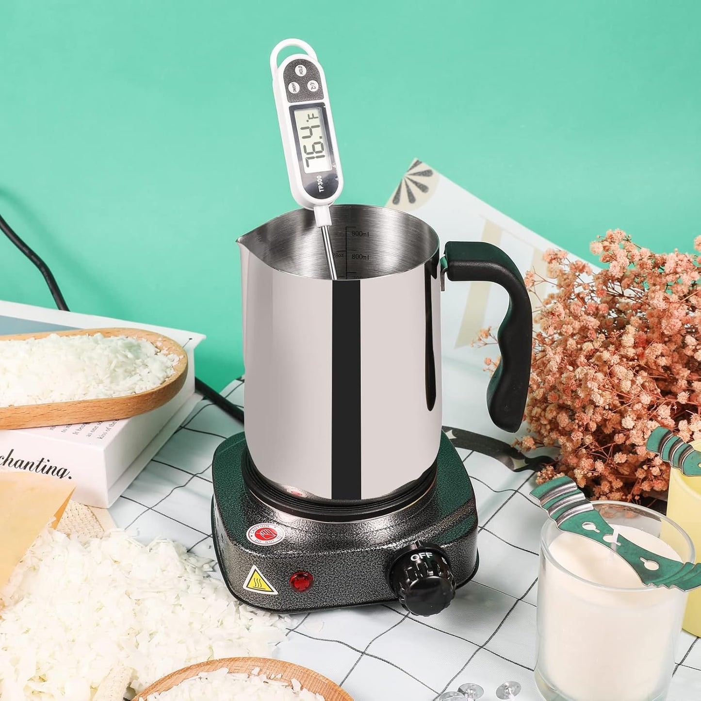 SAEUYVB Candle Making kit with Hot Plate,Candle Making Supplies,Candle Making Kit for Beginners with Melting Pot,Stirring Spoon and Anti-Scalding Pad Perfect Set Gift（Silver Gray）